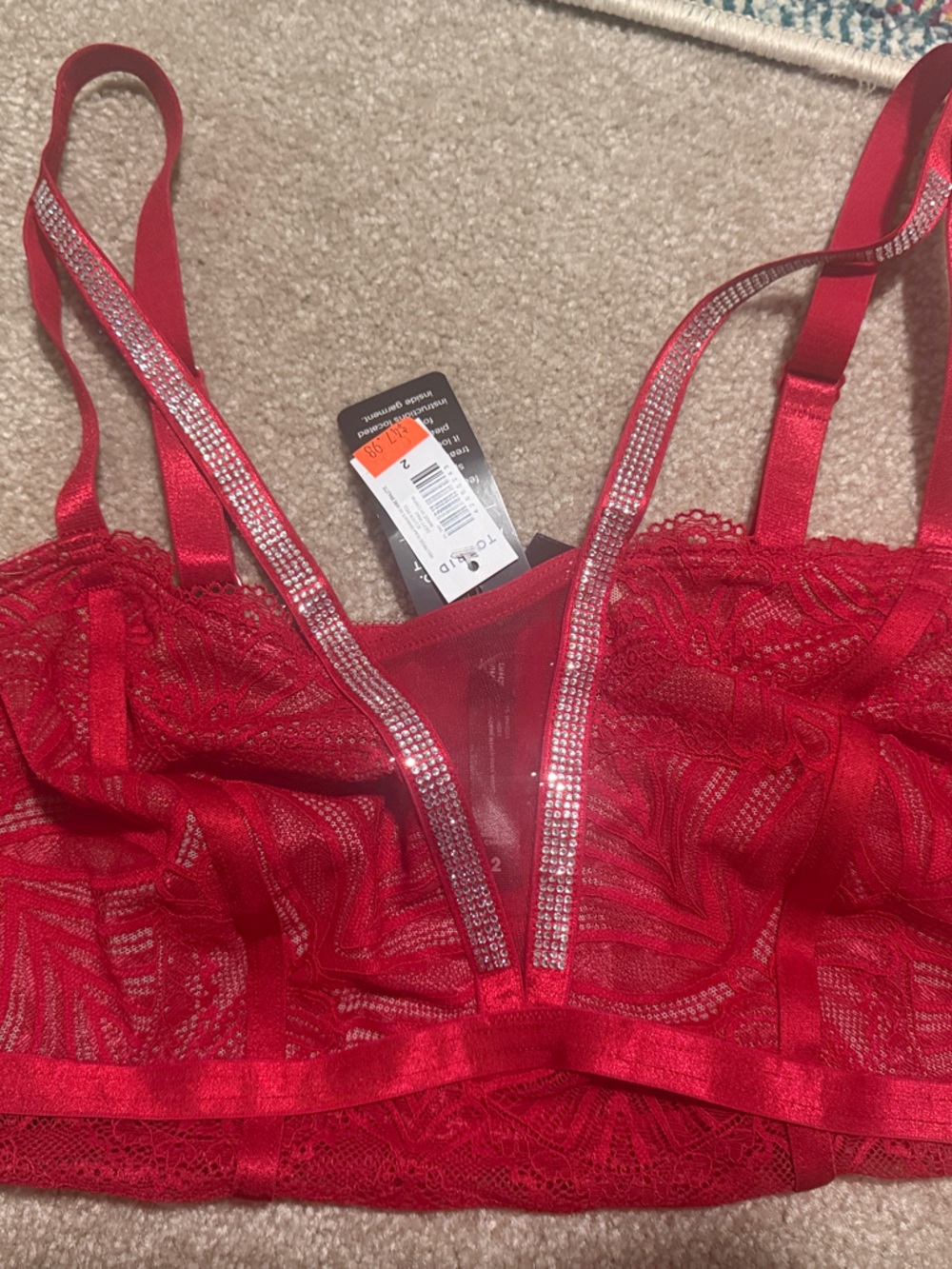 NWT Sexy Torrid Brand Red Lace Bralette with Rhinestone Trim